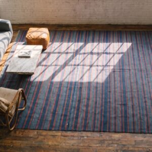Antique Huge Oversized Striped Blue Color Indian Dhurrie Carpet (SKU 21530) - styled overhead view