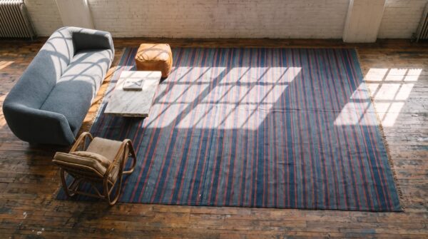 Antique huge oversized striped blue color indian dhurrie carpet 2 Antique huge oversized striped blue color indian dhurrie carpet (sku 21530) - styled overhead view