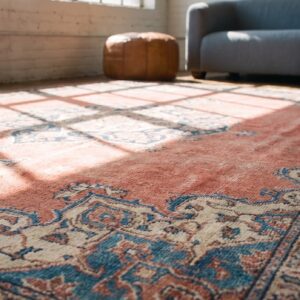 Important Early "Harshang" Pattern Antique 18th-Century Coral Northeast Persian Khorasan Carpet (SKU 21296) - in-room detail