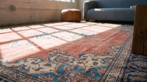 Important early "harshang" pattern antique 18th-century coral northeast persian khorasan carpet 12 Important early "harshang" pattern antique 18th-century coral northeast persian khorasan carpet (sku 21296) - in-room detail