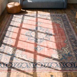 Important Early "Harshang" Pattern Antique 18th-Century Coral Northeast Persian Khorasan Carpet (SKU 21296) - styled overhead view