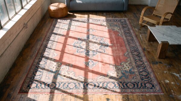 Important early "harshang" pattern antique 18th-century coral northeast persian khorasan carpet 2 Important early "harshang" pattern antique 18th-century coral northeast persian khorasan carpet (sku 21296) - styled overhead view