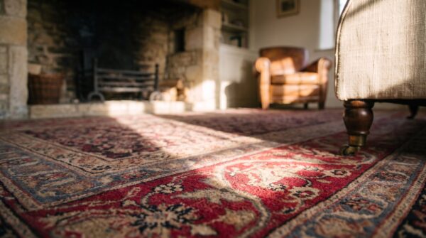 Antique indian agra rug 5'×8'7" hand-knotted wool, circa 1910 12 Antique indian agra rug 5'×8'7" hand-knotted wool, circa 1910 (sku 18010) - in-room detail