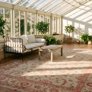 Antique Indian Agra Carpet 11'×29' Celadon & Burgundy, Geometric, Circa 1890 (SKU 19452) - room view