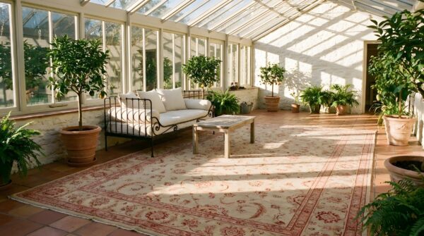 Antique indian agra carpet 11'×29' celadon & burgundy, geometric, circa 1890 (sku 19452) - room view