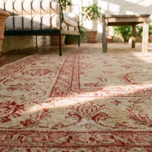 Antique Indian Agra Carpet 11'×29' Celadon & Burgundy, Geometric, Circa 1890 (SKU 19452) - in-room detail