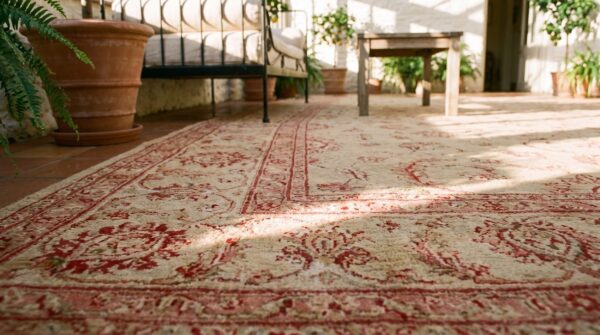 Antique indian agra carpet 11'×29' celadon & burgundy, geometric, circa 1890 (sku 19452) - in-room detail