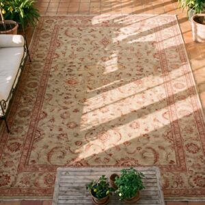 Antique Indian Agra Carpet 11'×29' Celadon & Burgundy, Geometric, Circa 1890 (SKU 19452) - styled overhead view