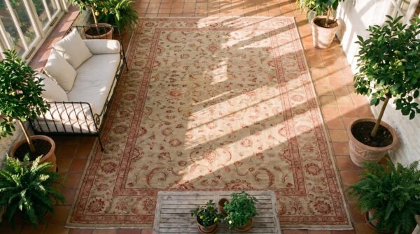 Antique indian agra carpet 11'×29' celadon & burgundy, geometric, circa 1890 (sku 19452) - styled overhead view