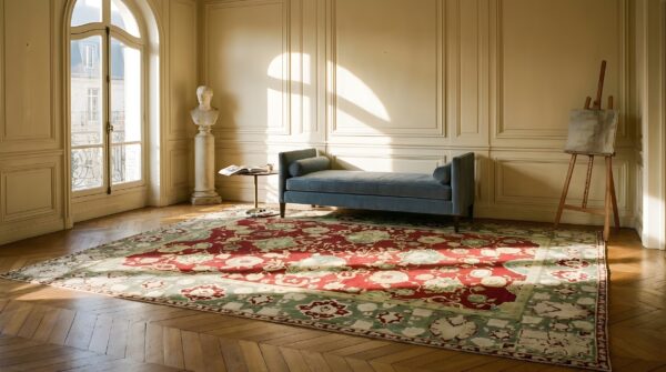 Antique indian agra carpet 11'4"×14'6" burgundy field, olive border, classic design, 1880s 21 Antique indian agra carpet 11'4"×14'6" burgundy field, olive border, classic design, 1880s (sku 20232) - room view