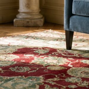Antique Indian Agra Carpet 11'4"×14'6" Burgundy Field, Olive Border, Classic Design, 1880s (SKU 20232) - in-room detail