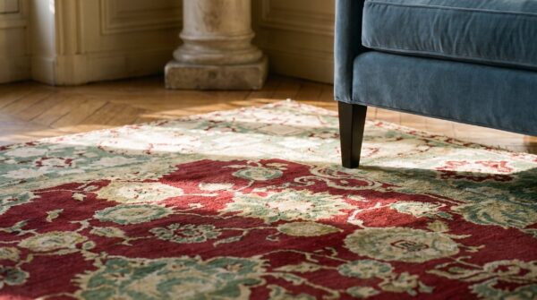 Antique indian agra carpet 11'4"×14'6" burgundy field, olive border, classic design, 1880s 22 Antique indian agra carpet 11'4"×14'6" burgundy field, olive border, classic design, 1880s (sku 20232) - in-room detail