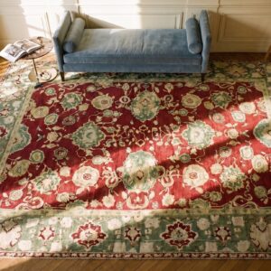 Antique Indian Agra Carpet 11'4"×14'6" Burgundy Field, Olive Border, Classic Design, 1880s (SKU 20232) - styled overhead view