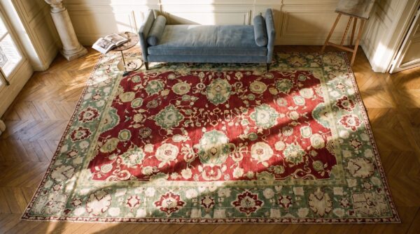 Antique indian agra carpet 11'4"×14'6" burgundy field, olive border, classic design, 1880s 2 Antique indian agra carpet 11'4"×14'6" burgundy field, olive border, classic design, 1880s (sku 20232) - styled overhead view