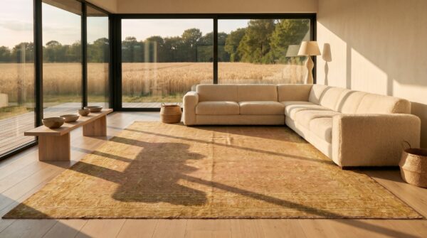Antique indian agra carpet 15'×19'6" dusty rose floral, beige border, circa 1890 (sku 18503) - room view