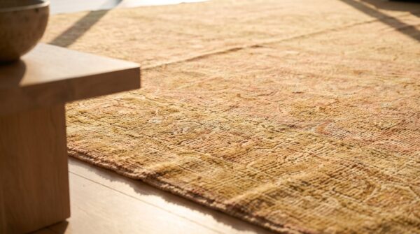 Antique indian agra carpet 15'×19'6" dusty rose floral, beige border, circa 1890 (sku 18503) - in-room detail