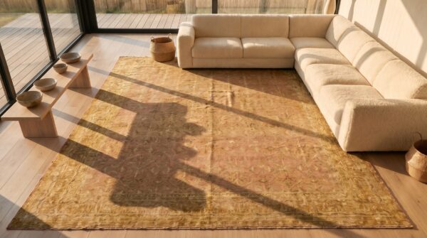 Antique indian agra carpet 15'×19'6" dusty rose floral, beige border, circa 1890 (sku 18503) - styled overhead view