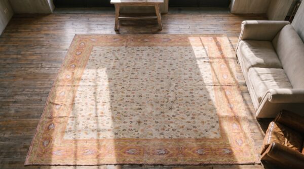 Antique indian agra cotton square rug - light ivory room size 2 Antique indian agra cotton square rug - light ivory room size (sku 18891) - styled overhead view