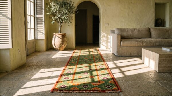 Antique indian agra green tribal geometric hallway runner rug (sku 19976) - room view