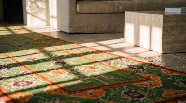 Antique indian agra green tribal geometric hallway runner rug (sku 19976) - in-room detail