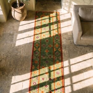 Antique Indian Agra Green Tribal Geometric Hallway Runner Rug (SKU 19976) - styled overhead view
