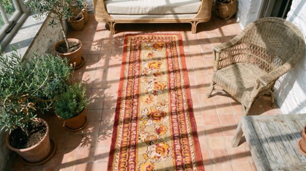 Antique indian agra wool pile hallway runner rug 2 Antique indian agra wool pile hallway runner rug (sku 19977) - styled overhead view
