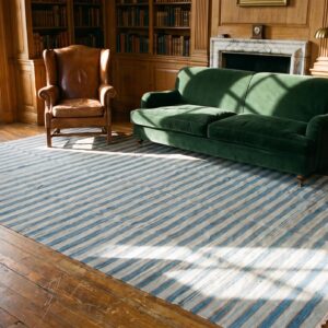 Antique Indian Allover Geometric Blue and White Stripes Flatweave Cotton Dhurrie Rug (SKU 21335) - room view