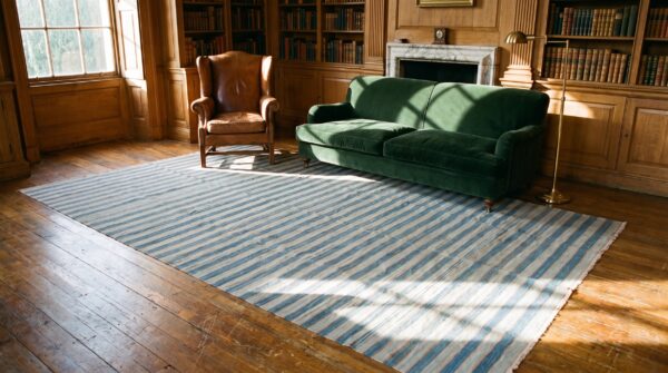 Antique indian allover geometric blue and white stripes flatweave cotton dhurrie rug 10 Antique indian allover geometric blue and white stripes flatweave cotton dhurrie rug (sku 21335) - room view