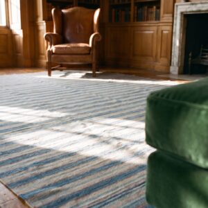 Antique Indian Allover Geometric Blue and White Stripes Flatweave Cotton Dhurrie Rug (SKU 21335) - in-room detail