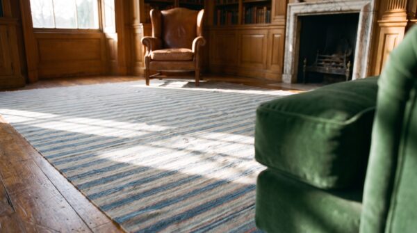 Antique indian allover geometric blue and white stripes flatweave cotton dhurrie rug 11 Antique indian allover geometric blue and white stripes flatweave cotton dhurrie rug (sku 21335) - in-room detail