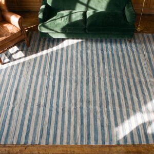 Antique Indian Allover Geometric Blue and White Stripes Flatweave Cotton Dhurrie Rug (SKU 21335) - styled overhead view