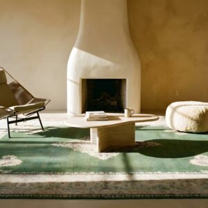 Antique Indian Amritsar Carpet 12'×14'9" Green Field, Soft Yellow Border, 19th Century (SKU 19476) - room view