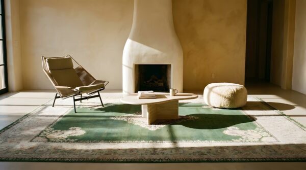 Antique indian amritsar carpet 12'×14'9" green field, soft yellow border, 19th century (sku 19476) - room view