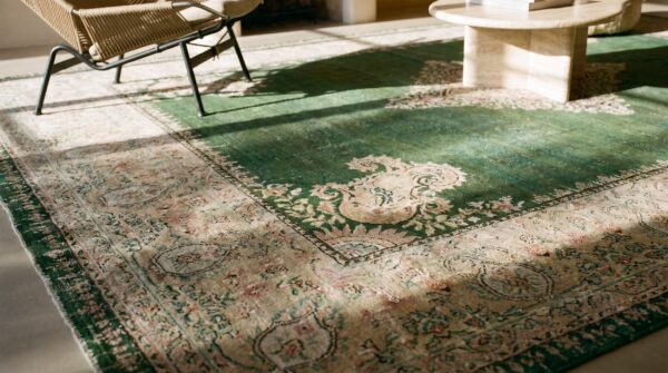 Antique indian amritsar carpet 12'×14'9" green field, soft yellow border, 19th century (sku 19476) - in-room detail
