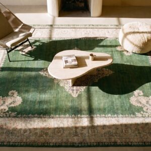 Antique Indian Amritsar Carpet 12'×14'9" Green Field, Soft Yellow Border, 19th Century (SKU 19476) - styled overhead view
