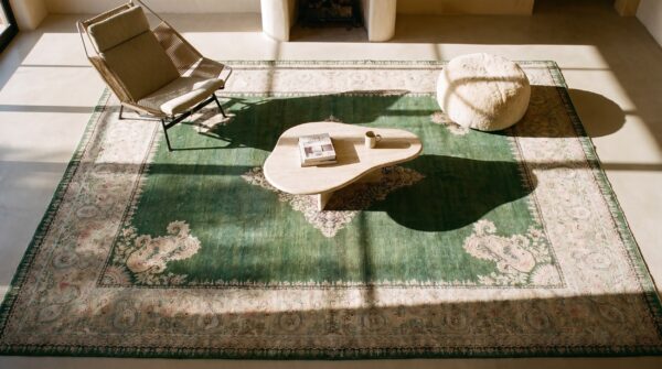 Antique indian amritsar carpet 12'×14'9" green field, soft yellow border, 19th century (sku 19476) - styled overhead view