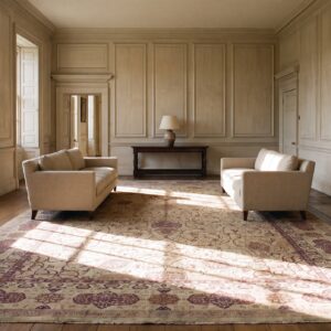 Antique Indian Amritsar Carpet 14'×27' Ivory Floral, Purple Border, Circa 1900 (SKU 17300) - room view