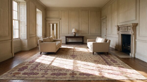 Antique indian amritsar carpet 14'×27' ivory floral, purple border, circa 1900 (sku 17300) - room view