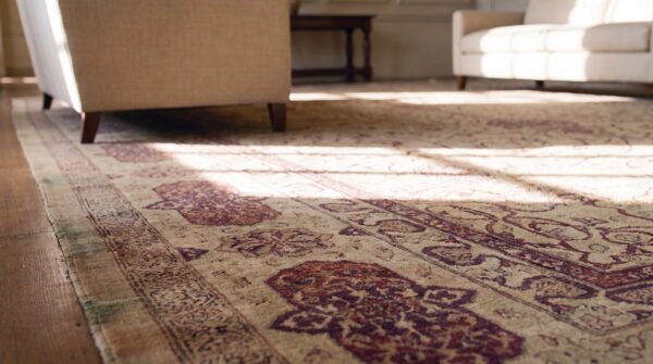 Antique indian amritsar carpet 14'×27' ivory floral, purple border, circa 1900 (sku 17300) - in-room detail