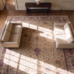 Antique Indian Amritsar Carpet 14'×27' Ivory Floral, Purple Border, Circa 1900 (SKU 17300) - styled overhead view