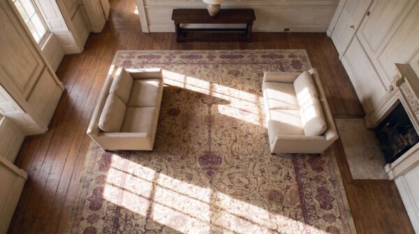 Antique indian amritsar carpet 14'×27' ivory floral, purple border, circa 1900 (sku 17300) - styled overhead view