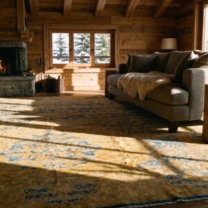 Antique Indian Lahore Carpet 14'×23' Blue Medallion, Soft Yellow Border, Circa 1920 (SKU 19302) - room view