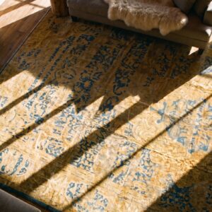 Antique Indian Lahore Carpet 14'×23' Blue Medallion, Soft Yellow Border, Circa 1920 (SKU 19302) - in-room detail