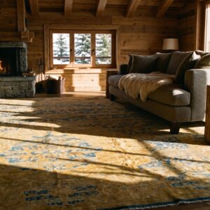 Antique Indian Lahore Carpet 14'×23' Blue Medallion, Soft Yellow Border, Circa 1920 (SKU 19302) - styled overhead view