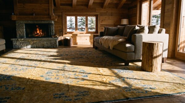 Antique indian lahore carpet 14'×23' blue medallion, soft yellow border, circa 1920 (sku 19302) - styled overhead view