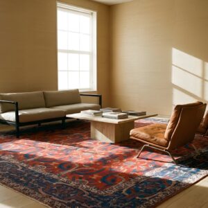 Antique Indian Lahore Carpet 26'×23'7" Rust Field, Blue Border, Mughal-Inspired Design, Circa 1890 (SKU 25814) - room view
