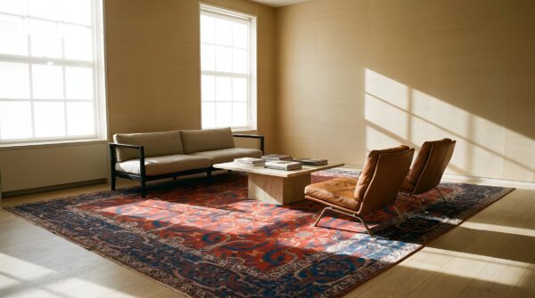 Antique indian lahore carpet 26'×23'7" rust field, blue border, mughal-inspired design, circa 1890 11 Antique indian lahore carpet 26'×23'7" rust field, blue border, mughal-inspired design, circa 1890 (sku 25814) - room view