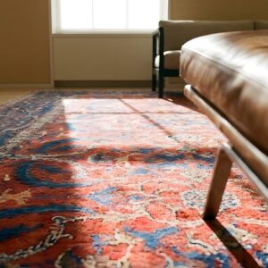 Antique Indian Lahore Carpet 26'×23'7" Rust Field, Blue Border, Mughal-Inspired Design, Circa 1890 (SKU 25814) - in-room detail