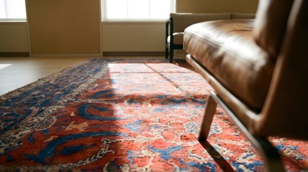 Antique indian lahore carpet 26'×23'7" rust field, blue border, mughal-inspired design, circa 1890 12 Antique indian lahore carpet 26'×23'7" rust field, blue border, mughal-inspired design, circa 1890 (sku 25814) - in-room detail