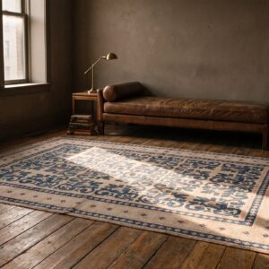 Antique Indian White and Blue Color Geometric Design Cotton Agra Area Rug (SKU 21036) - room view